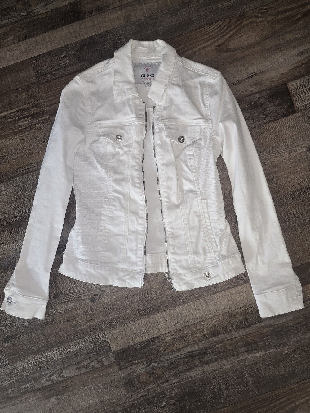 GUESS White Denim Zip-Front Jacket Size: Small
